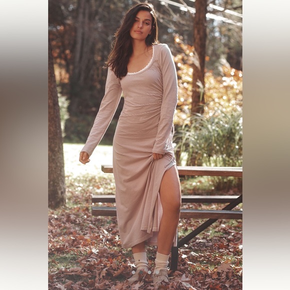 Anthropologie Dresses & Skirts - Anthropologie Daily Practice Fitted Ruched Striped Long Sleeve Maxi Dress Size L